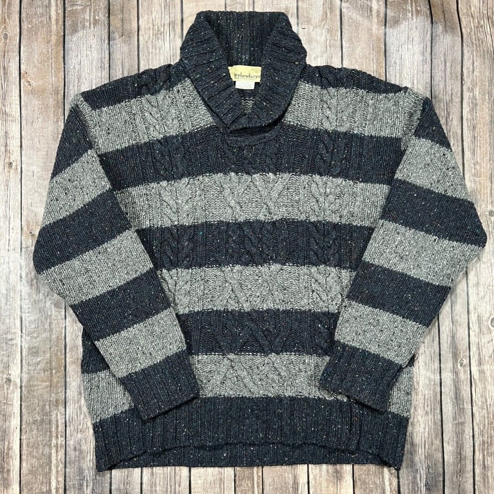IrelandsEye Wool Cashmere Chunky Knit Fisherman Sweater Large Blue Grey Mens